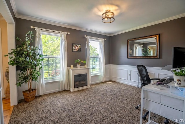 3 Foxwood Dr, Lysander, NY 13027 - carpeted home office featuring healthy amount of natural light, ornamental molding, a wainscoted wall, and a glass covered fireplace