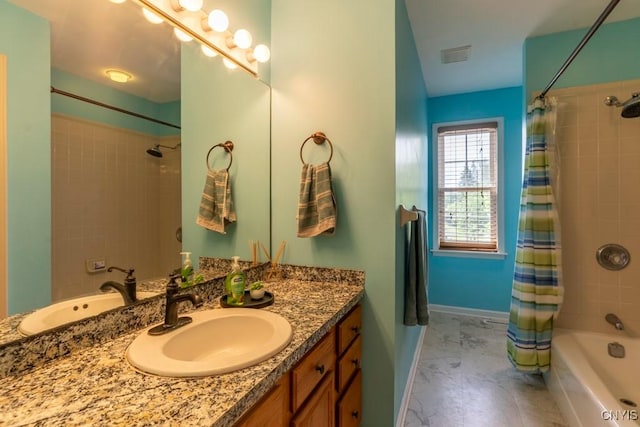 3 Foxwood Dr, Lysander, NY 13027 - full bathroom with marble look tiles, baseboards, shower / bath combo with shower curtain, and vanity