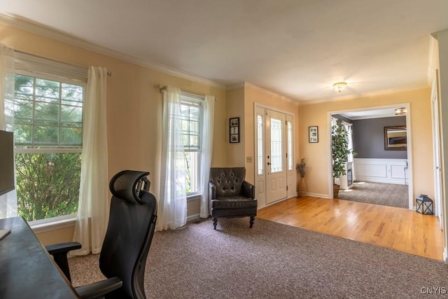 3 Foxwood Dr, Lysander, NY 13027 - entrance foyer with carpet floors, plenty of natural light, ornamental molding, wood finished floors, and baseboards