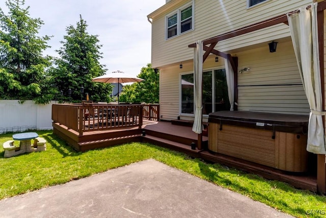 3 Foxwood Dr, Lysander, NY 13027 - rear view of property featuring a hot tub, a patio, and a wooden deck