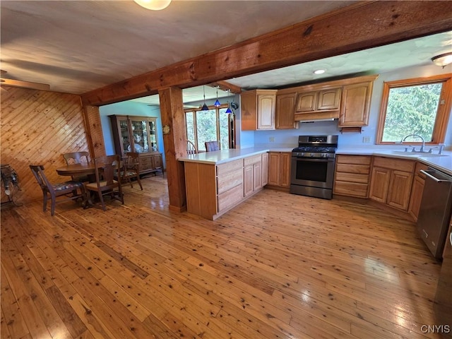 4300 Mutton Hill Rd, Fenner, NY 13035 - kitchen with stainless steel appliances, light wood-style floors, a sink, wood walls, and light countertops