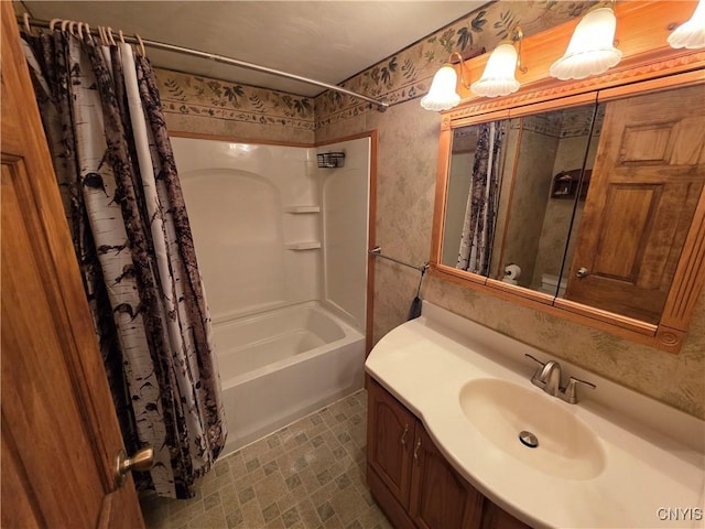 4300 Mutton Hill Rd, Fenner, NY 13035 - full bath featuring shower / bath combo, vanity, and wallpapered walls