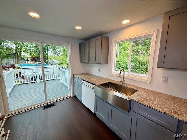 58 Van Ness Rd S, Van Buren, NY 13027 - kitchen featuring gray cabinets, white dishwasher, light stone counters, recessed lighting, and dark wood-style floors
