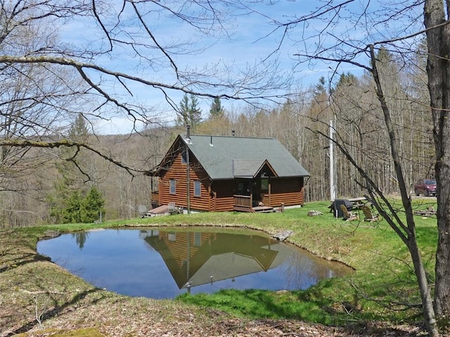 1910 Davis Hollow Rd, Andes, NY 13731 - back of house featuring a view of trees, a lawn, and log exterior