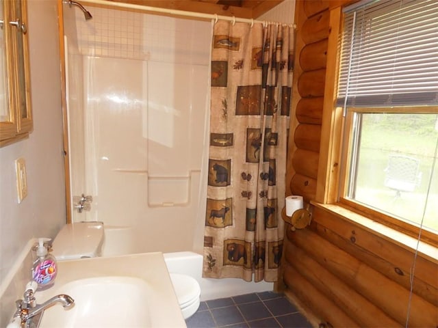 1910 Davis Hollow Rd, Andes, NY 13731 - full bathroom featuring rustic walls, shower / bath combo, toilet, tile patterned flooring, and a sink
