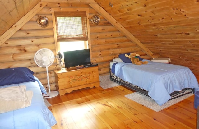 1910 Davis Hollow Rd, Andes, NY 13731 - bedroom featuring log walls, hardwood / wood-style flooring, wooden ceiling, and vaulted ceiling