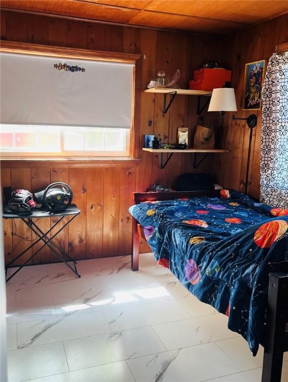 61 Tamarack, Irondequoit, NY 14622 - bedroom with wooden walls, marble finish flooring, and wooden ceiling