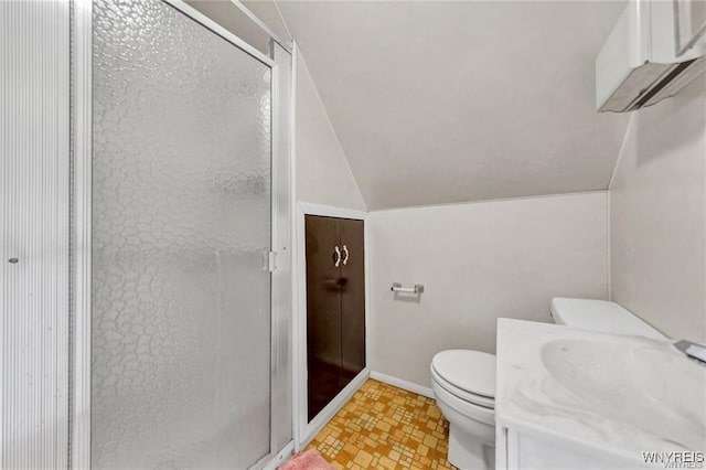 3045 Niagara St, Niagara Falls, NY 14303 - bathroom with toilet, a shower stall, lofted ceiling, an AC wall unit, and vanity