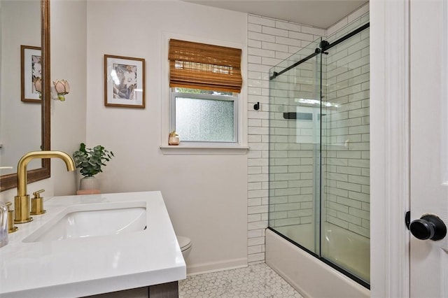 669 Webster Rd, Webster, NY 14580 - bathroom featuring toilet, shower / bath combination with glass door, tile patterned floors, and vanity