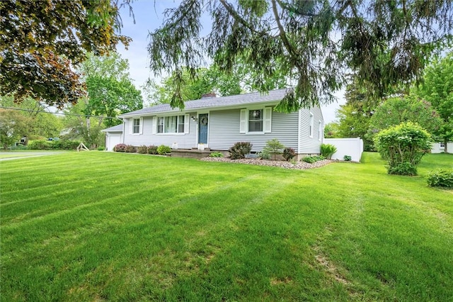 669 Webster Rd, Webster, NY 14580 - ranch-style home featuring a front lawn, an attached garage, and a chimney