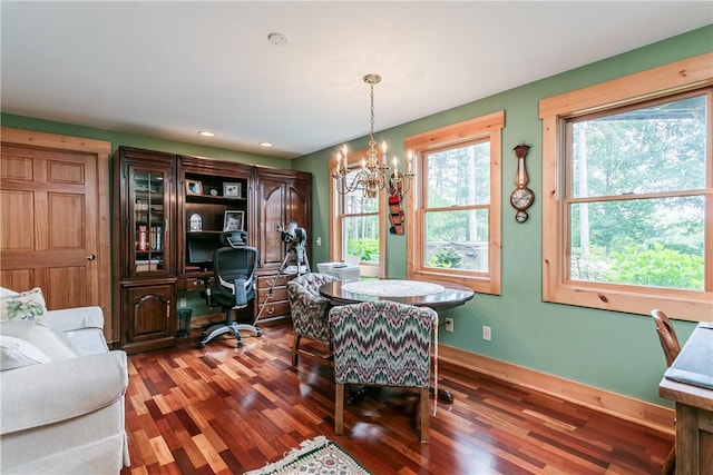3996 Donley Rd, Italy, NY 14512 - office area featuring wood finished floors, a chandelier, recessed lighting, and baseboards