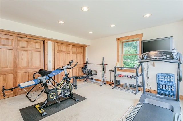 3996 Donley Rd, Italy, NY 14512 - workout area featuring light colored carpet, recessed lighting, and baseboards