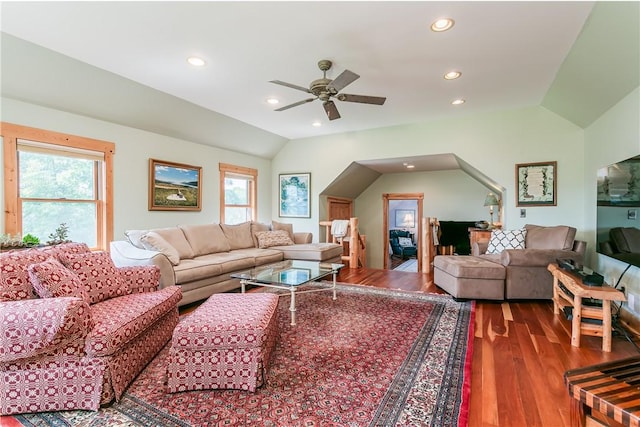 3996 Donley Rd, Italy, NY 14512 - living area featuring vaulted ceiling, wood finished floors, a ceiling fan, plenty of natural light, and recessed lighting