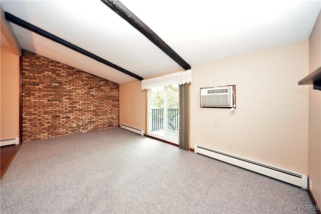 1162 Indian Church Rd Unit 8, West Seneca, NY 14224 - unfurnished living room featuring baseboard heating, brick wall, and a wall unit AC