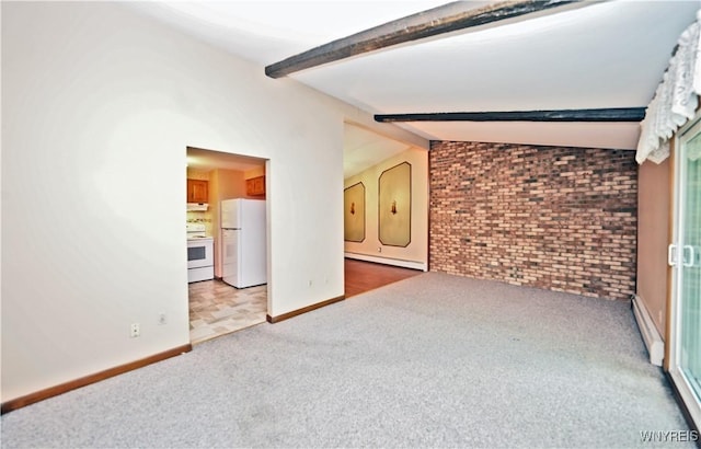 1162 Indian Church Rd Unit 8, West Seneca, NY 14224 - unfurnished living room with light carpet, brick wall, baseboards, and a baseboard heating unit