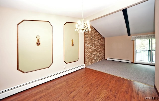 1162 Indian Church Rd Unit 8, West Seneca, NY 14224 - unfurnished living room with a baseboard heating unit, a chandelier, wood finished floors, and brick wall