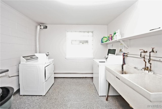 1162 Indian Church Rd Unit 8, West Seneca, NY 14224 - laundry room featuring washing machine and clothes dryer, baseboard heating, concrete block wall, and a sink