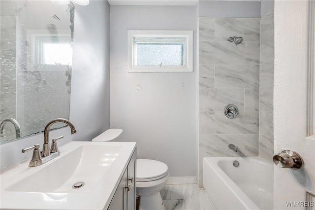 46 Wilkes Ave, Buffalo, NY 14215 - bathroom with toilet, vanity, marble finish flooring, shower / washtub combination, and baseboards