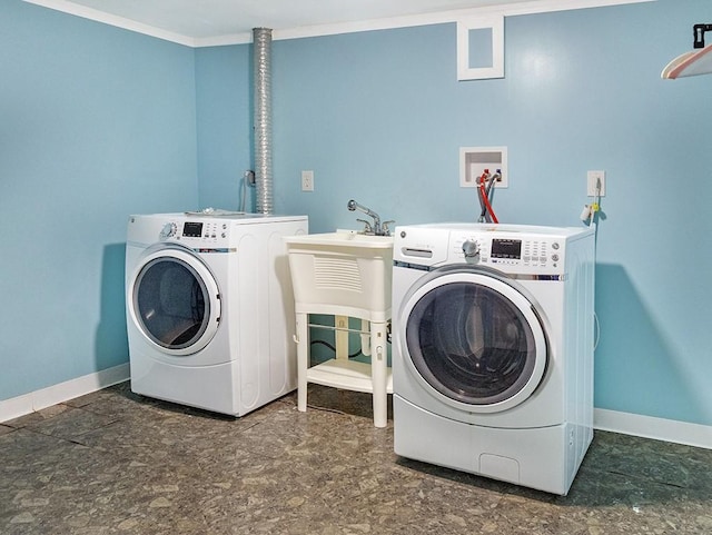 13 W Crest Dr, Gates, NY 14606 - laundry area with separate washer and dryer, baseboards, and crown molding