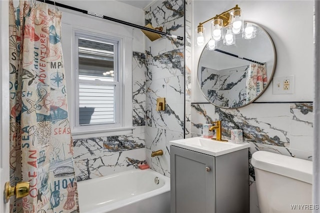 57 Davidson Ave, Buffalo, NY 14215 - bathroom with tile walls, vanity, toilet, and shower / tub combo with curtain