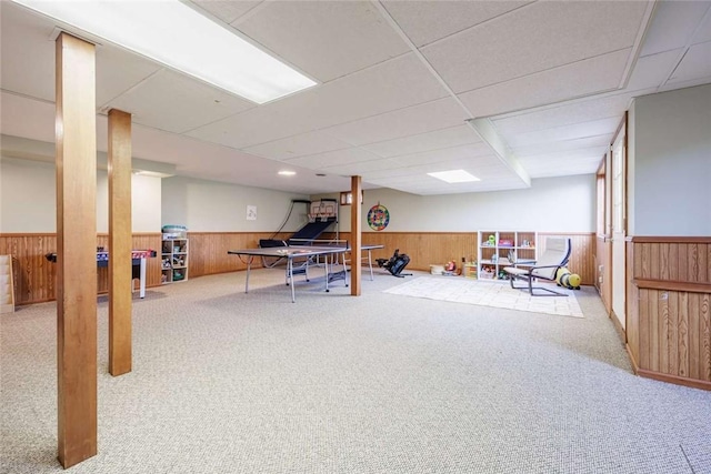 8 Hidden Springs Dr, Pittsford, NY 14534 - playroom with a wainscoted wall, carpet, wooden walls, and a paneled ceiling