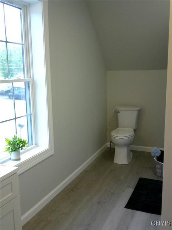 8457 S Main St, Le Ray, NY 13637 - half bath with toilet, vanity, wood finished floors, baseboards, and vaulted ceiling