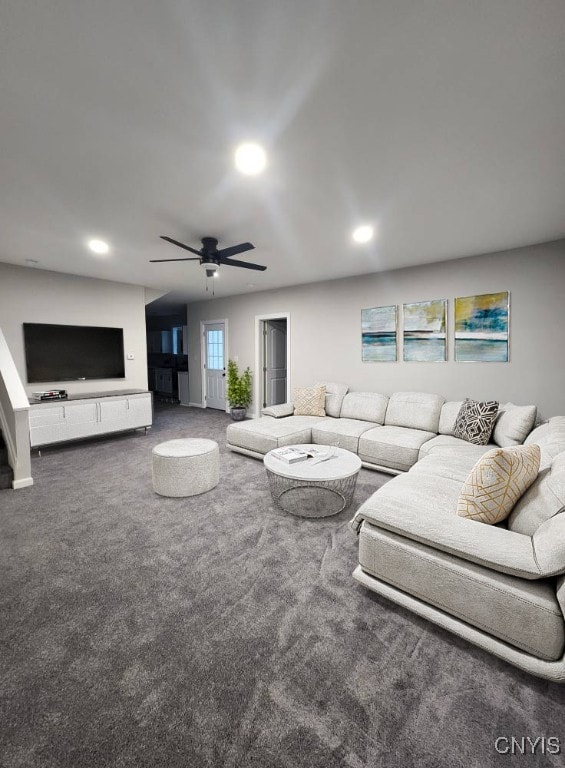 8457 S Main St, Le Ray, NY 13637 - living room with carpet floors, a ceiling fan, and recessed lighting
