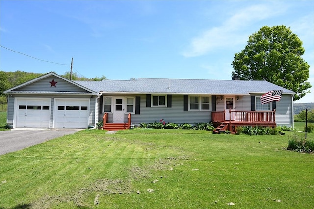 158 Dingman Hill Rd, Bainbridge, NY 13733 - single story home with a garage, asphalt driveway, a front lawn, and a chimney