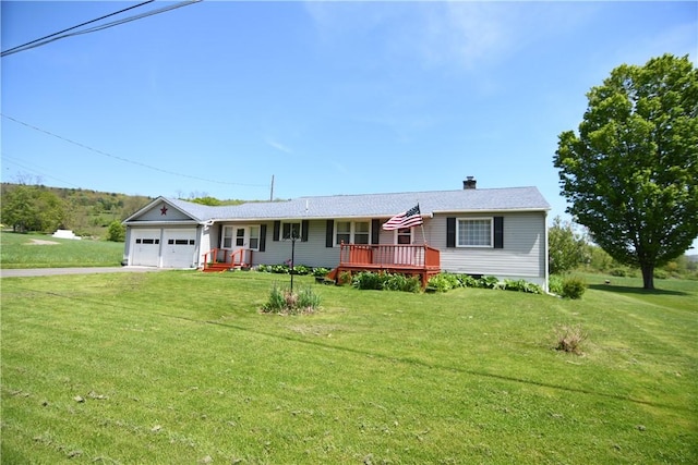 158 Dingman Hill Rd, Bainbridge, NY 13733 - ranch-style home featuring an attached garage, a front lawn, driveway, a deck, and a chimney