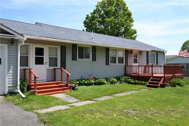 158 Dingman Hill Rd, Bainbridge, NY 13733 - view of front of home featuring a wooden deck, a front lawn, a shingled roof, and a chimney