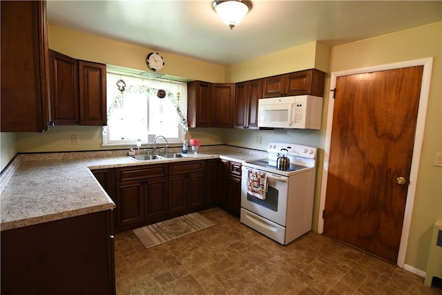 158 Dingman Hill Rd, Bainbridge, NY 13733 - kitchen with white appliances, a sink, light countertops, stone finish floors, and dark brown cabinetry