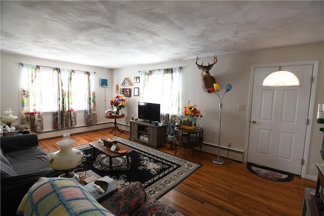 158 Dingman Hill Rd, Bainbridge, NY 13733 - living room featuring a baseboard radiator and wood finished floors