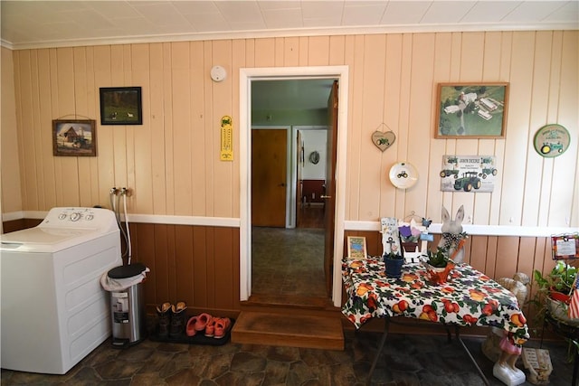 158 Dingman Hill Rd, Bainbridge, NY 13733 - washroom featuring washer / dryer, wood walls, and crown molding