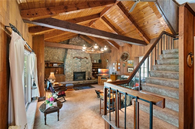 4482 Cory Corners Rd, Marion, NY 14505 - carpeted living area featuring wood ceiling, stairs, a fireplace, and a chandelier