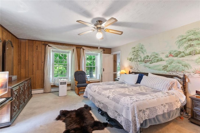 4482 Cory Corners Rd, Marion, NY 14505 - bedroom with light colored carpet, wooden walls, and a ceiling fan