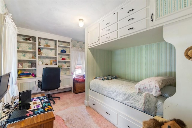 4482 Cory Corners Rd, Marion, NY 14505 - bedroom with wallpapered walls, a desk, and light carpet