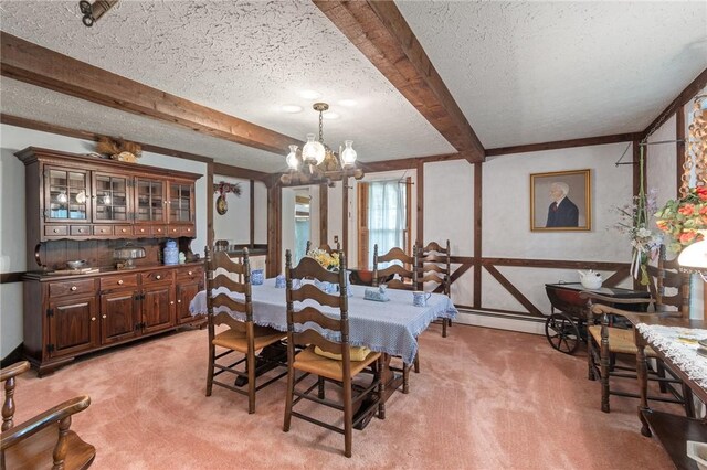 4482 Cory Corners Rd, Marion, NY 14505 - dining room featuring light colored carpet, a textured ceiling, a chandelier, beamed ceiling, and a baseboard heating unit