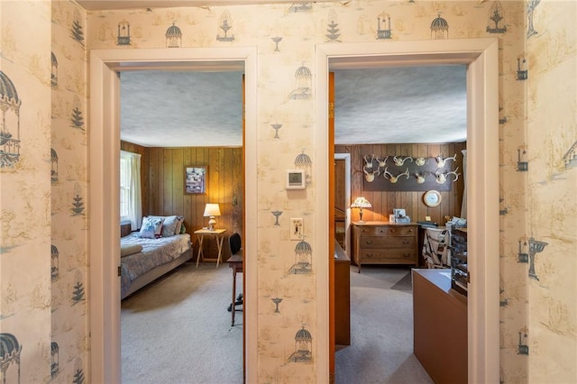 4482 Cory Corners Rd, Marion, NY 14505 - hall featuring carpet floors and wood walls