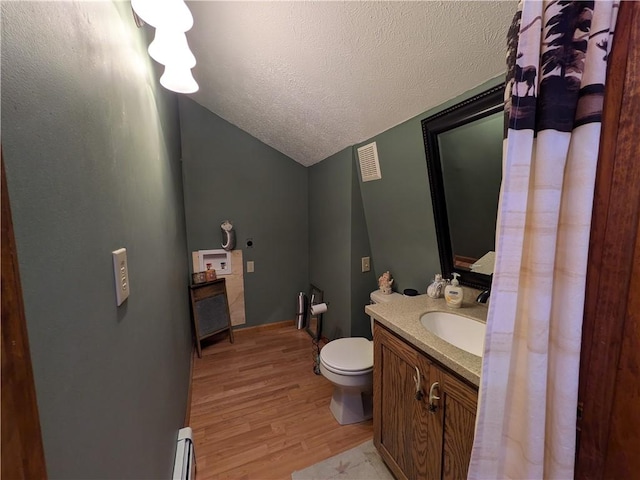 73 Derosia Rd, Lafayette, PA 16738 - bathroom featuring lofted ceiling, wood finished floors, baseboard heating, toilet, and a textured ceiling