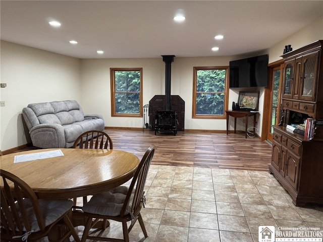 131 Goose Creek Rd, Busti, NY 14710 - dining room with a wood stove, recessed lighting, and plenty of natural light