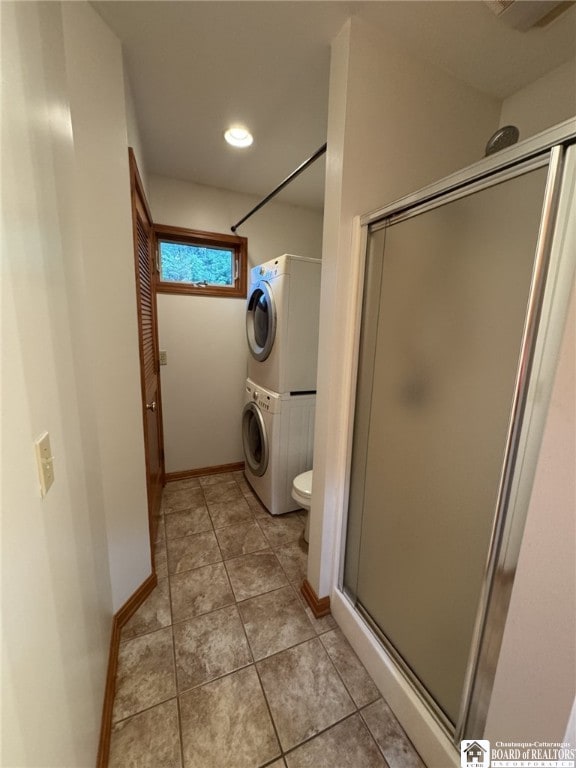 131 Goose Creek Rd, Busti, NY 14710 - full bath with stacked washer and clothes dryer, a shower stall, tile patterned floors, and recessed lighting
