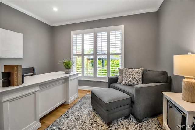 1034 Sweet Rd, Aurora, NY 14052 - living area featuring light wood-style floors, ornamental molding, baseboards, a desk, and recessed lighting