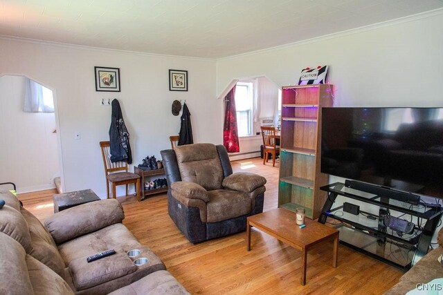 204 E Ellis St, Dewitt, NY 13057 - living room with arched walkways, light wood-style flooring, ornamental molding, and a baseboard radiator