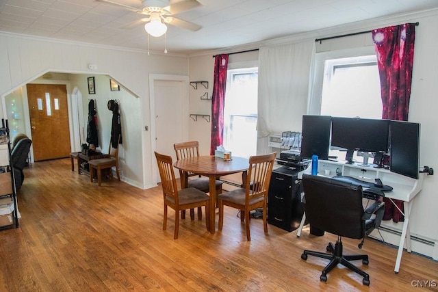204 E Ellis St, Dewitt, NY 13057 - home office with ornamental molding, a ceiling fan, and wood finished floors