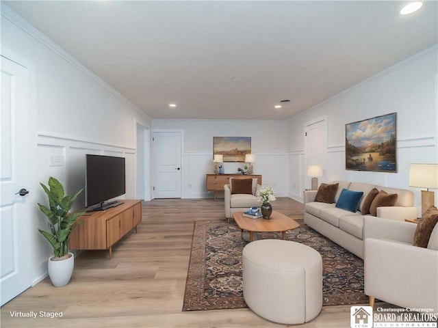 413 Chautauqua Ave, Jamestown, NY 14701 - living room featuring light wood-style flooring, ornamental molding, a decorative wall, and recessed lighting
