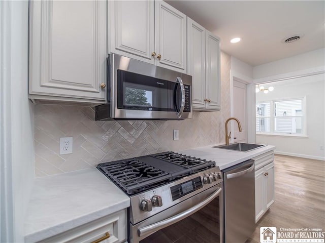 413 Chautauqua Ave, Jamestown, NY 14701 - kitchen with stainless steel appliances, a sink, decorative backsplash, white cabinets, and recessed lighting