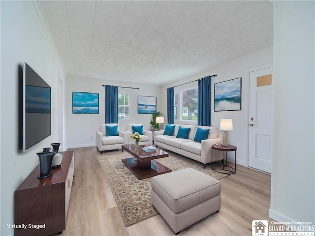 413 Chautauqua Ave, Jamestown, NY 14701 - living room with light wood finished floors, baseboards, and crown molding