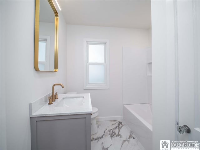 413 Chautauqua Ave, Jamestown, NY 14701 - full bath with vanity, marble look tile flooring, toilet, baseboards, and shower / tub combination