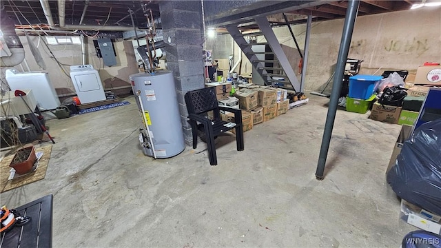76 Sandra Dr, Cheektowaga, NY 14225 - basement featuring gas water heater, washing machine and dryer, stairs, and electric panel
