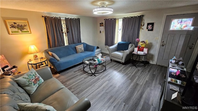 76 Sandra Dr, Cheektowaga, NY 14225 - living room featuring wood finished floors, a textured ceiling, and baseboards